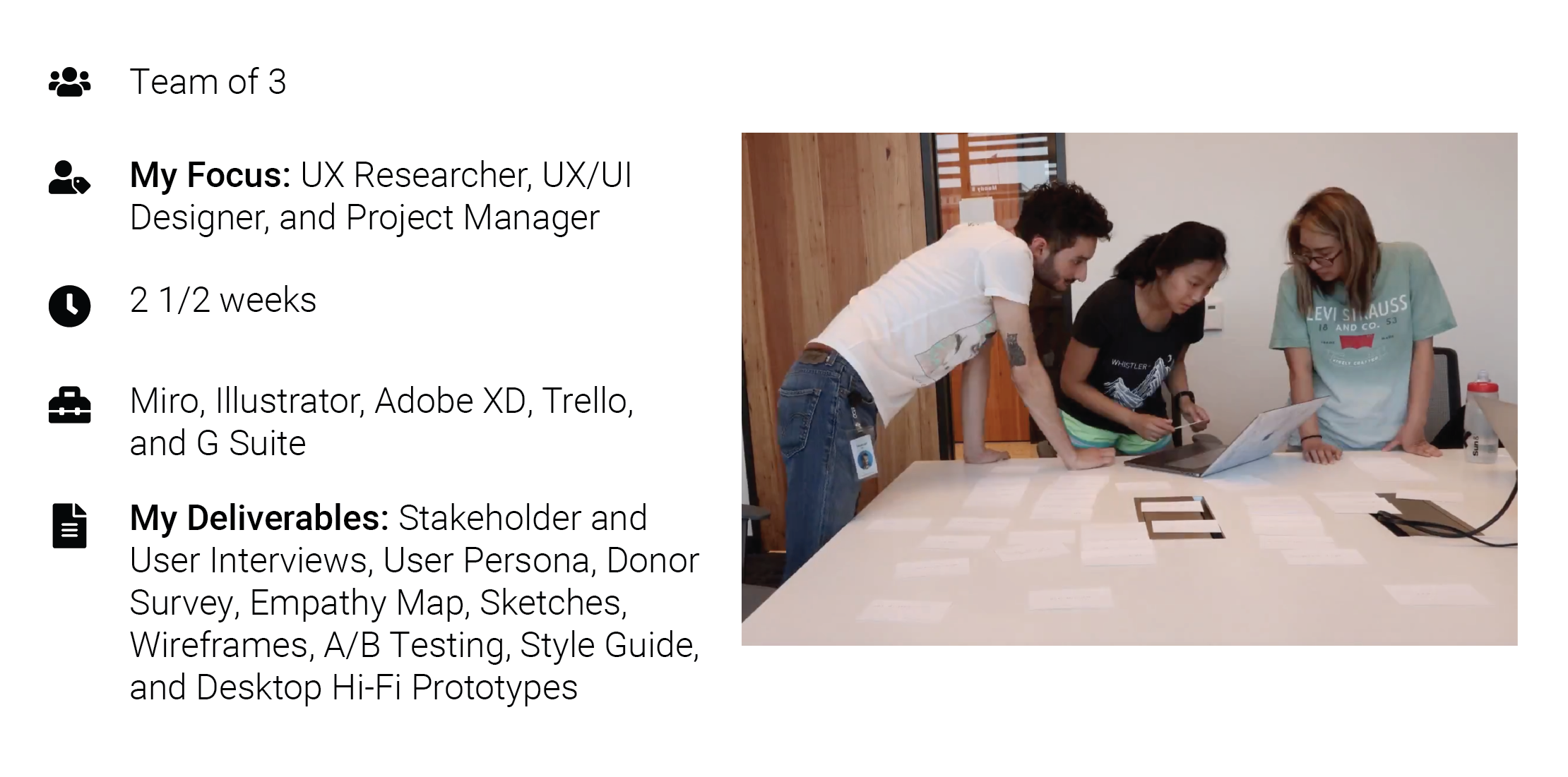 Scope: Team project where I focused as a UX Researcher, UI Designer, and Project Manager. This project took place over the span of 2 1/2 weeks.